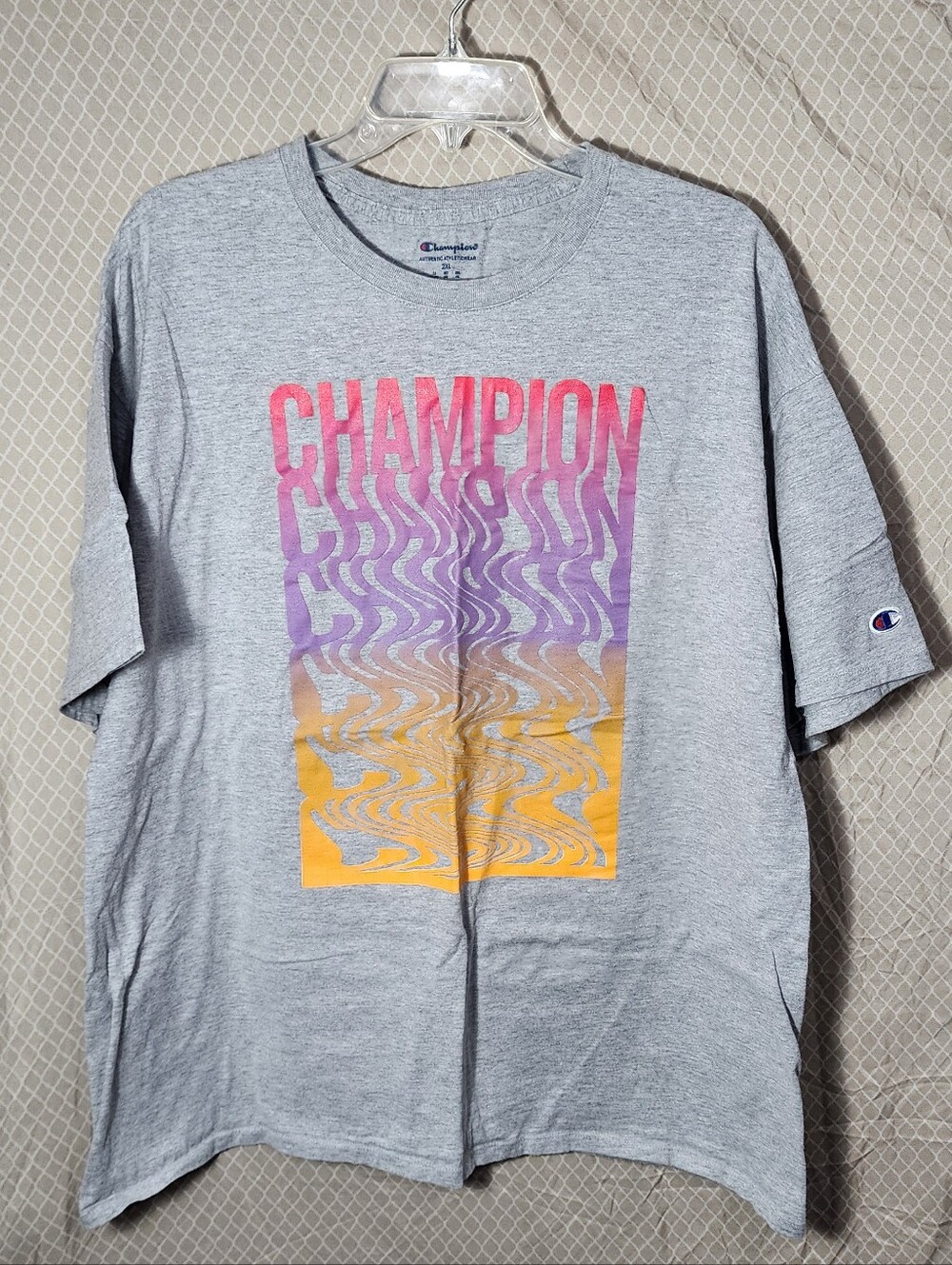 Champion Gray Multiscript Logo Graphic T-Shirt 2XL used Great Shape